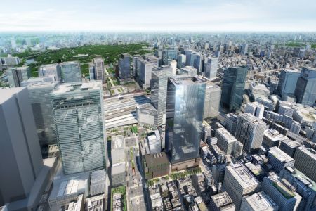 画像中央 : 「TOFROM YAESU」(本事業地東側から東京駅、皇居方面を臨む)